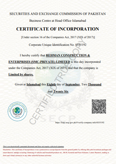 SECP Registration (Securities and Exchange Commission of Pakistan) certificate
